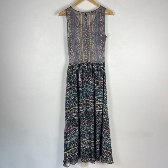 Carolina K Black Printed Sheer Bodice Beaded Silk Aztec Floral Maxi Dress Small - Picture 3 of 16